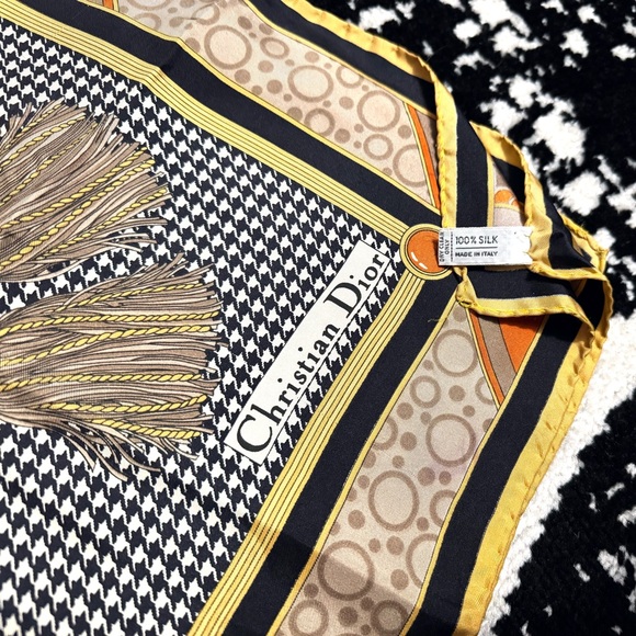 Christian Dior AUTHENTIC Herringbone Logo Vintage Silk Scarf Navy Orange Cream - Picture 6 of 16